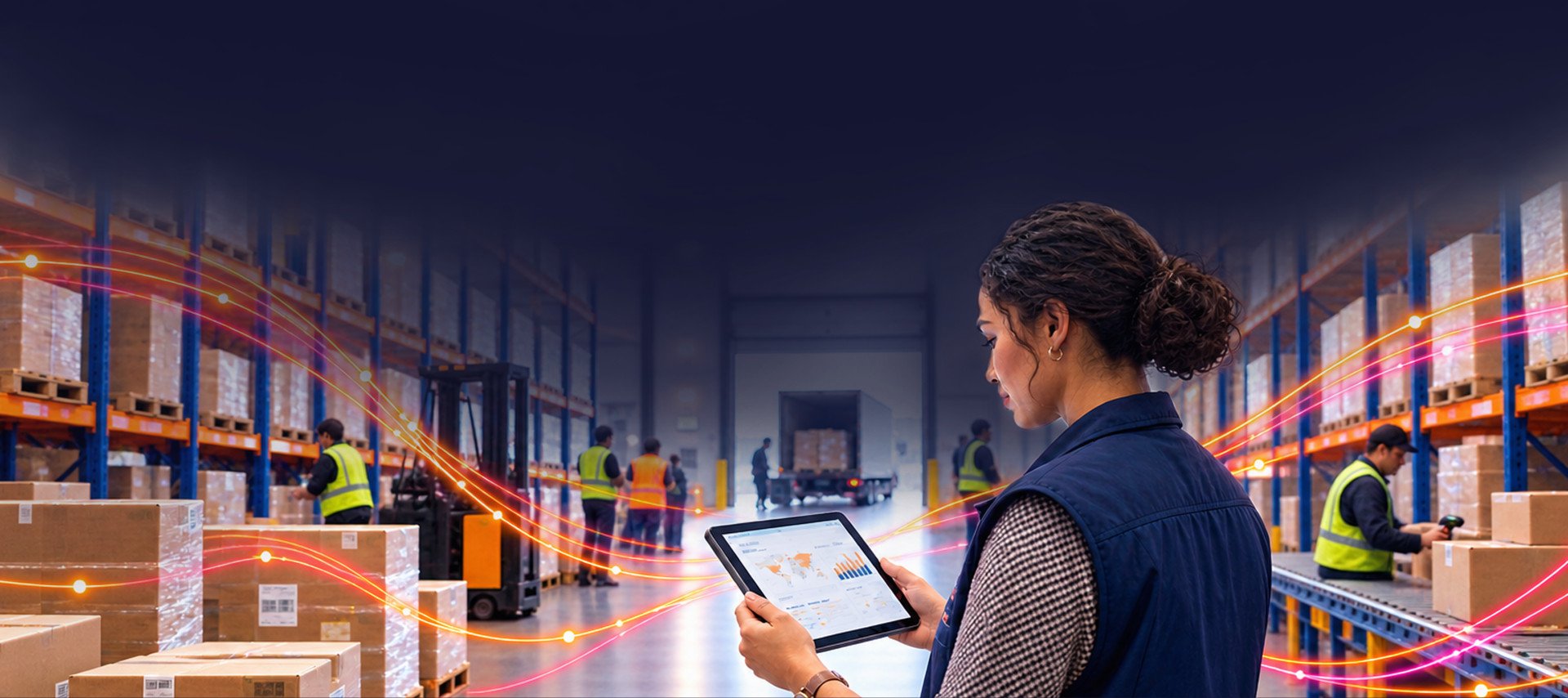 warehouse specialist with tablet, connected supply chain